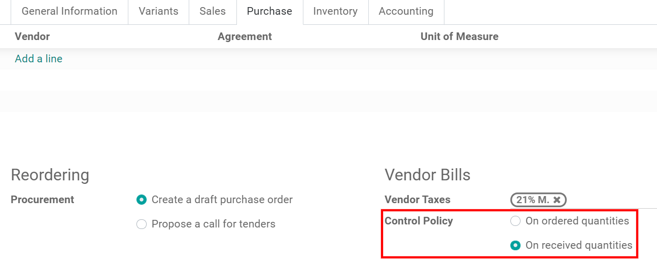 Vendor bills default control setting for new products in Odoo Purchase