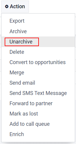 Action button from list view with the Unarchive option emphasized.