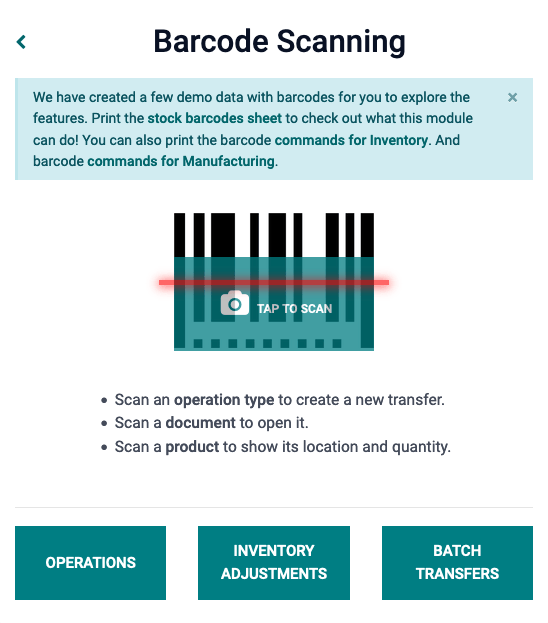 Barcode app start screen with scanner.