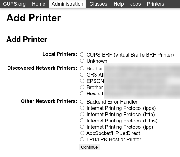 Administration menu, add printer selection.