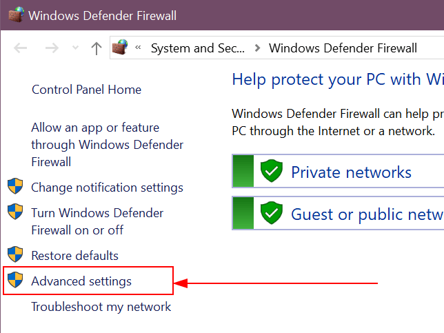 Advanced settings option highlighted in the left pane of the Windows Defender Firewall app.