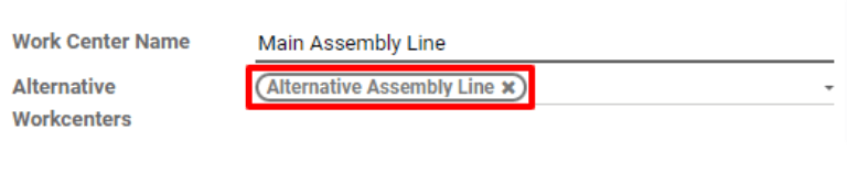 A work center form configured with an alternative work center.