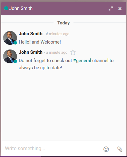 View of a couple of chat window messages for Odoo Discuss.