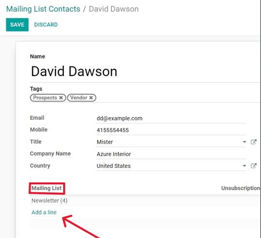 View of a contact detail form with mailing list tab in Odoo Email Marketing.