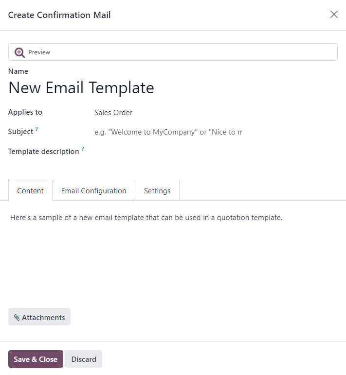 Create confirmation mail pop-up window from the quotation template form in Odoo Sales.