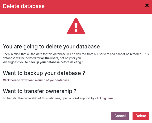 The warning message displayed before deleting a database