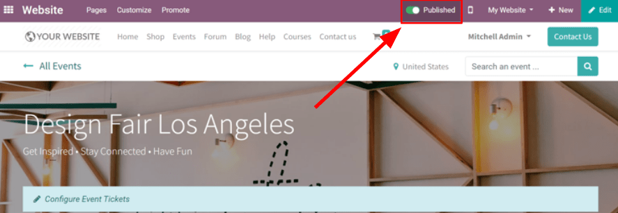 View of a website page and the option to publish the event in Odoo Events.