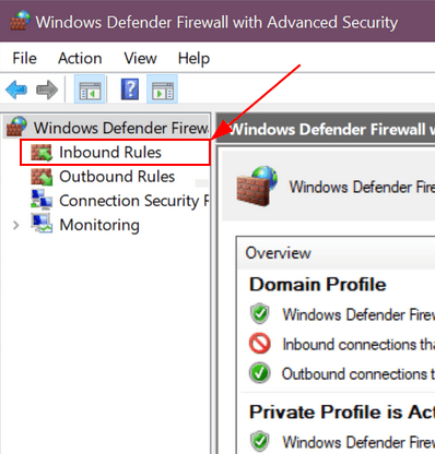 Windows Defender left window pane with inbound rules menu item highlighted.