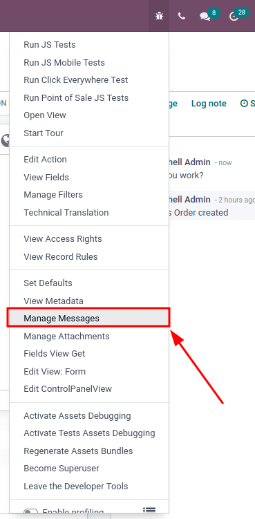 Manage messages menu option on the debug menu.