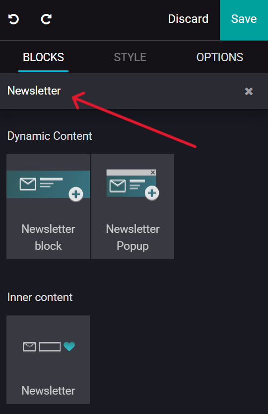 View of how to quickly search for Newsletter blocks in the Odoo Website application.