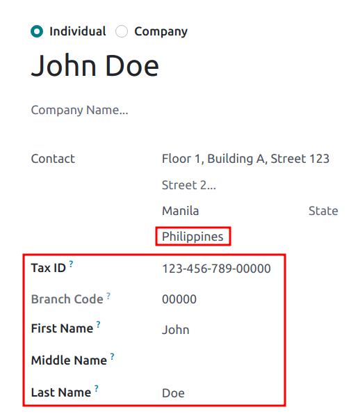 Individual type contact with First, Middle, and Last Name fields.