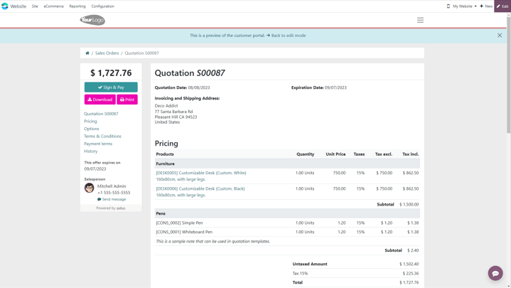 Customer preview of a quotation template in Odoo Sales.