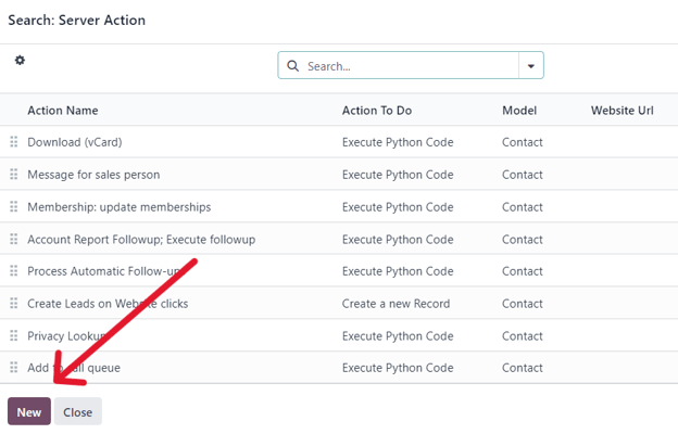 The new button found on a server action pop-up in Odoo marketing automation application.