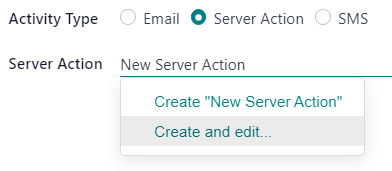 The create and edit option in the server action field on campaign detail form.