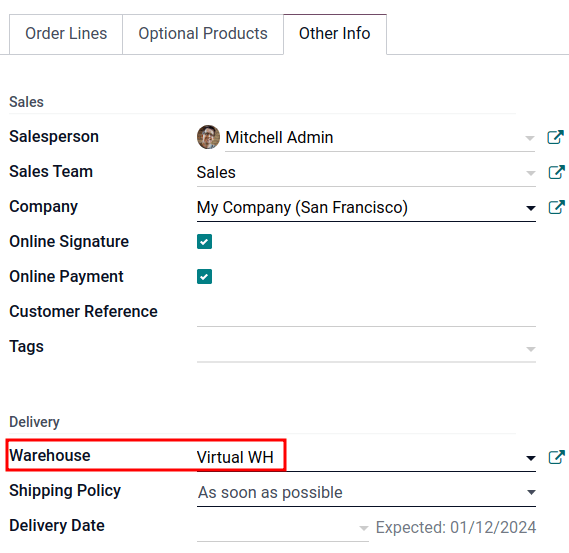 Set virtual warehouse as the *Warehouse* field in sales order's *Other Info* tab.