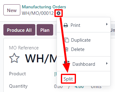The Settings and Split buttons on a manufacturing order.