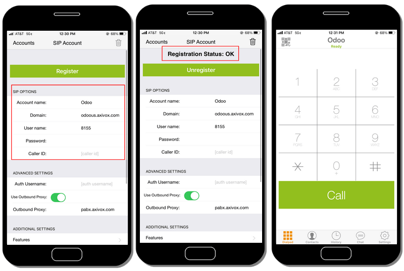 Zoiper account setup, registration successful.