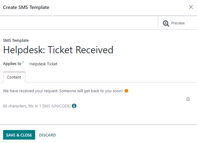 View of an SMS template setup page in Odoo Helpdesk