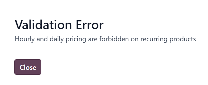 The validation error pop-up window that appears in Odoo Subscriptions.