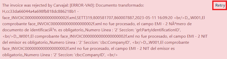 XML validation errors shown in the invoice chatter in Odoo.