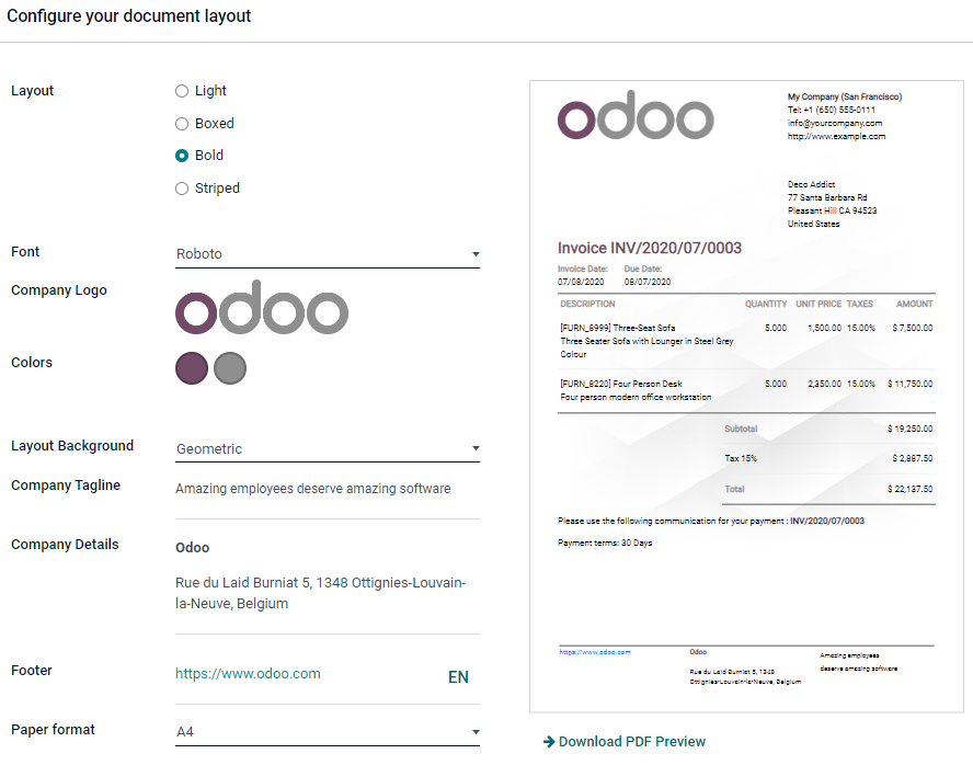 Ventana emergente de configuración para el diseño predeterminado de los reportes en PDF