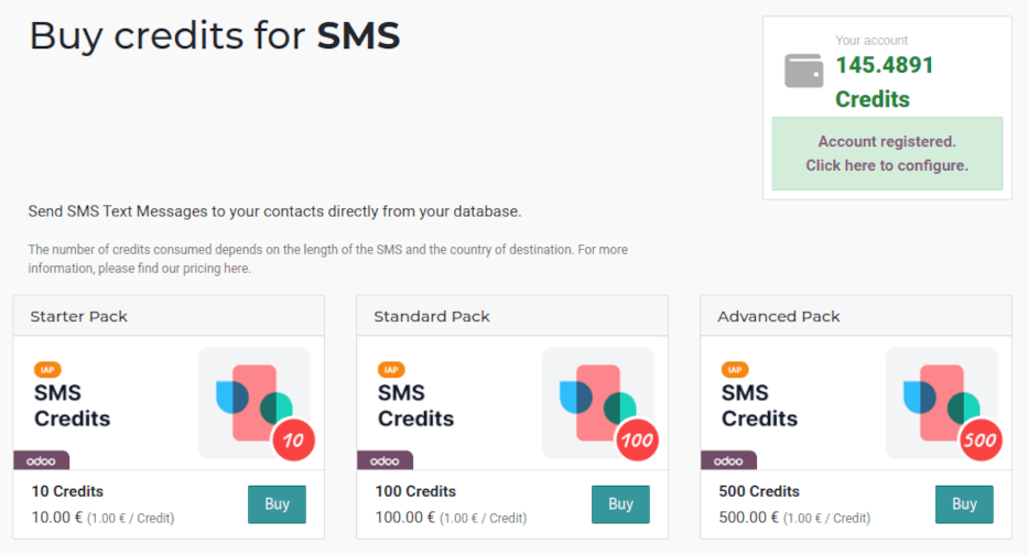 La página del servicio de SMS en iap.odoo.com muestra cuatro paquetes de créditos disponibles para comprar.