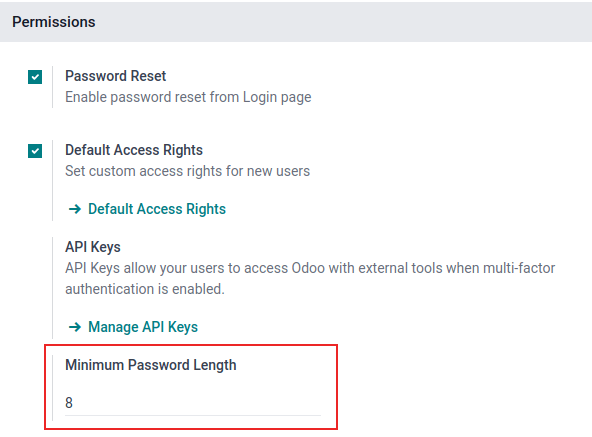 Minimum Password Length highlighted in the Permissions section of General Settings.