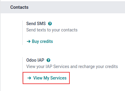 La aplicación Ajustes muestra el encabezado de Compras dentro de la aplicación de Odoo y el botón Ver mis servicios.
