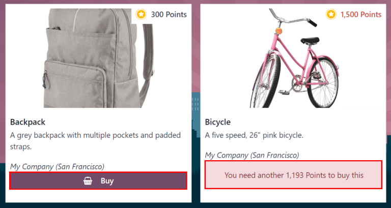 Buy button appears below a mug and backpack reward, while the bicycle reward states how many more reward points are needed to redeem.