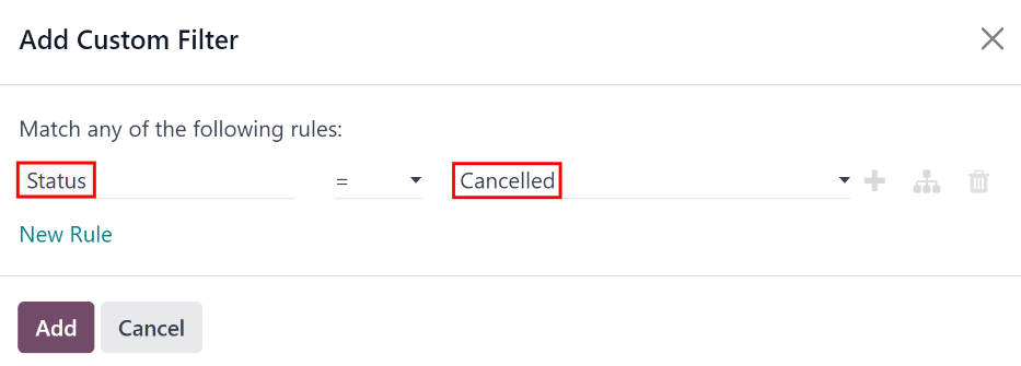 The Custom Filter pop-up with the parameters set to only show cancelled appraisals.