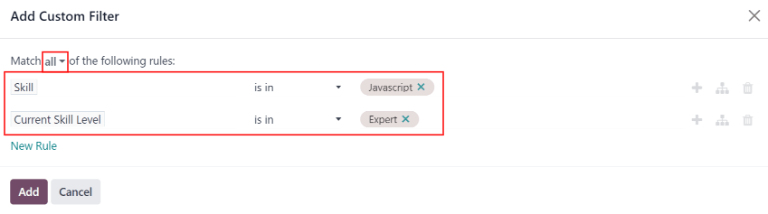The Custom Filter pop-up with the parameters set to only show employees with expert level for the skill javascript.