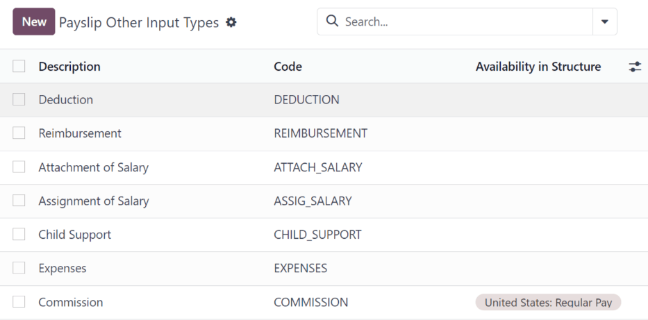 A list of other input types for payroll that can be selected when creating a new entry for a payslip.