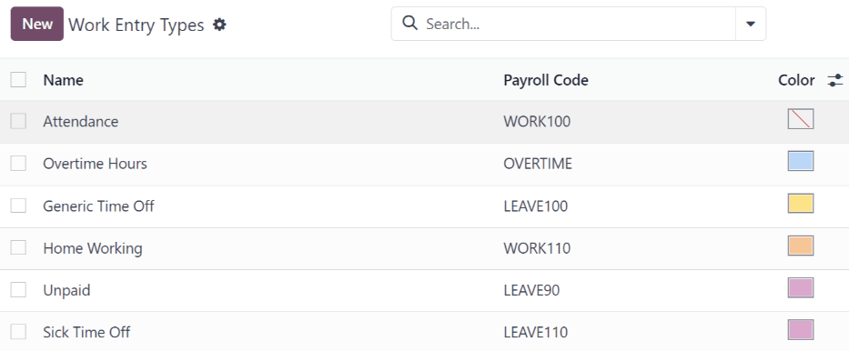 List of all work entry types currently available for use, with the payroll code and color.