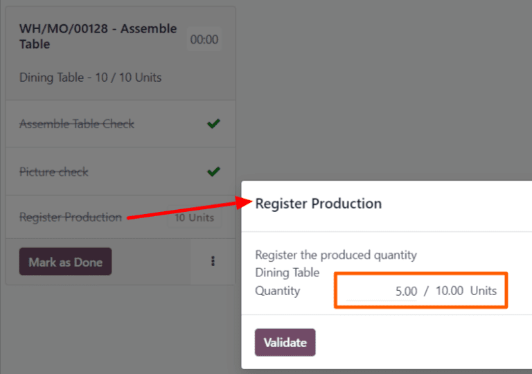 **Register Production** option to generate lot/serial number on a work order card.