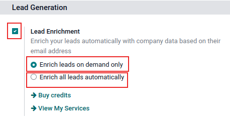 CRM lead generation settings page, with lead enrichment activation highlighted, and enrich leads on demand only chosen.
