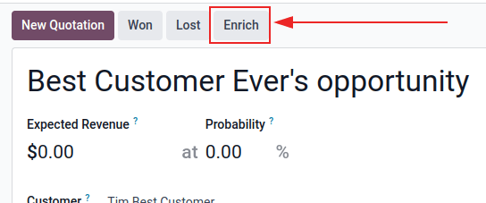 Manual enrich button feature highlighted on the CRM lead.