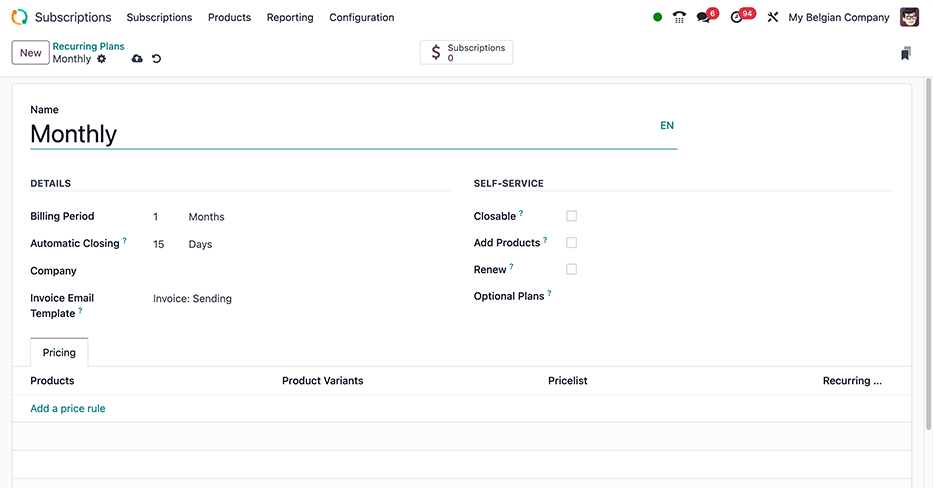 A blank recurring plan form in the Odoo Subscriptions application.