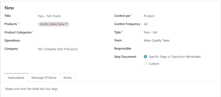 A QCP form in the Quality app, configured with a failure location.