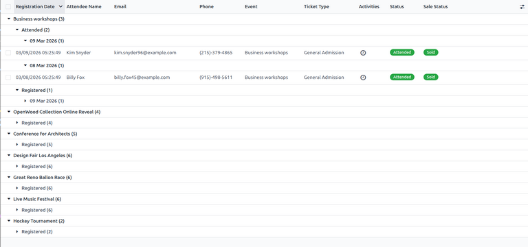 List view in the Attendees reporting graph view in Odoo Events.