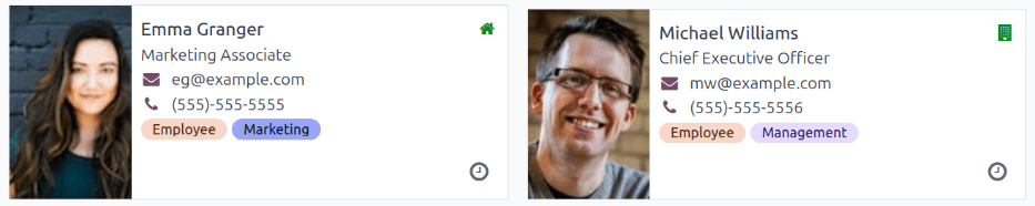 Two employee Kanban cards displaying their working location and status.