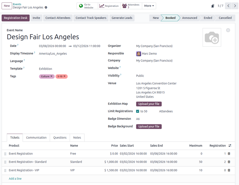 Typical event template in the Odoo Events application.