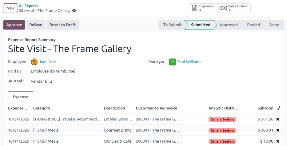 An expense report with a sales order smart button for reinvoicing.