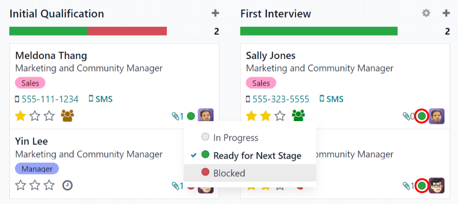 The applicant card statuses, and status bar.