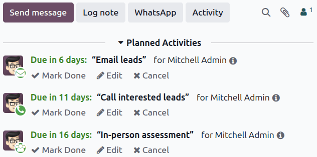 The chatter thread of a CRM opportunity with a launched activity plan.