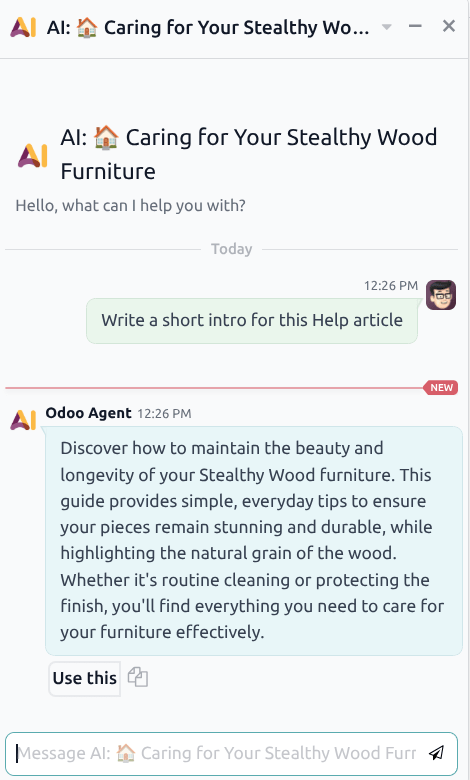 A conversation window with an AI agent generating content.