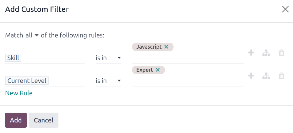 The Custom Filter pop-up with the parameters set.