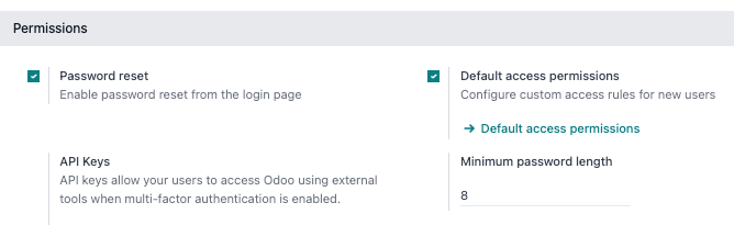 Minimum Password Length highlighted in the Permissions section of General Settings.