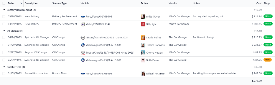 The full list of services in the Odoo database.