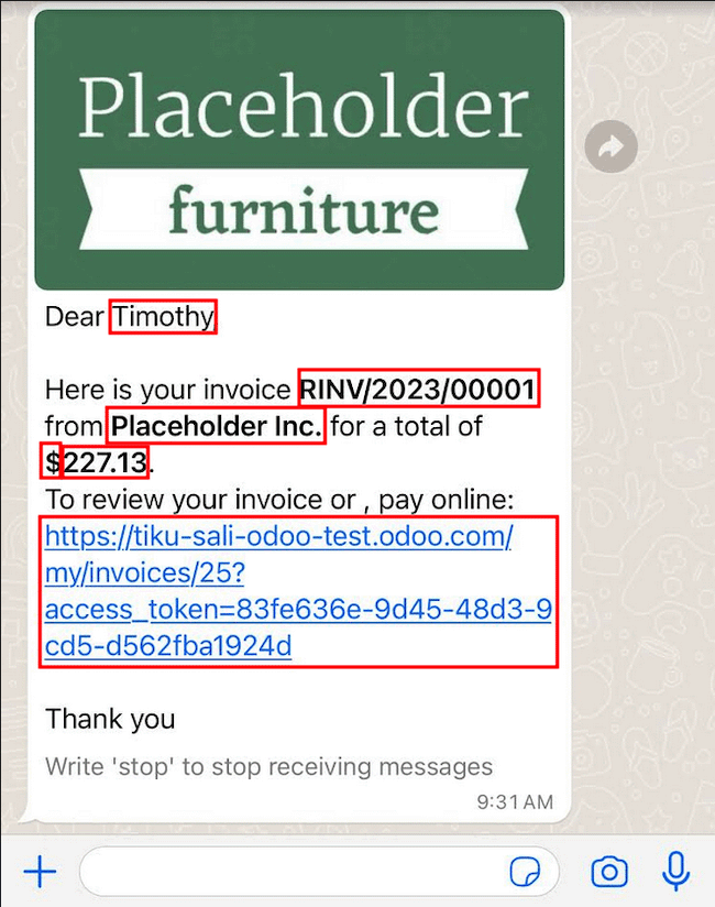 Imagen que muestra las variables dinámicas dentro de un mensaje de WhatsApp.
