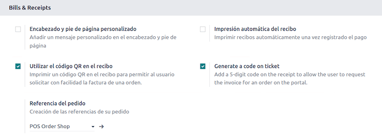Configuración para generar un QR o un código de 5 dígitos en los tickets.